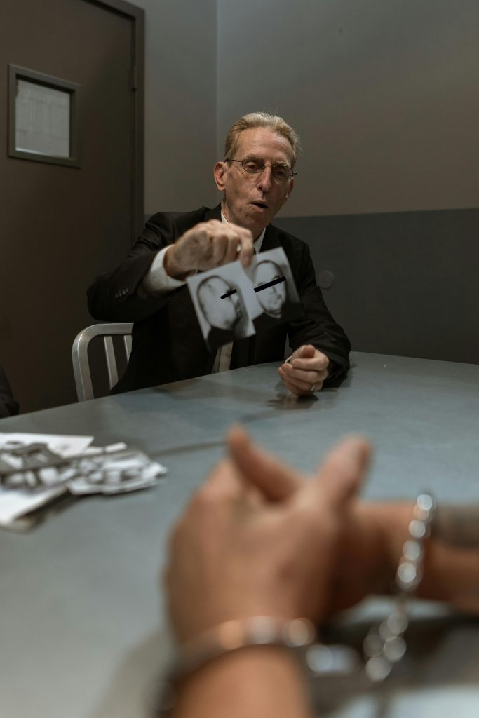 pexels-photo-6065252-6065252 A police officer questioning a handcuffed suspect in an interrogation room.